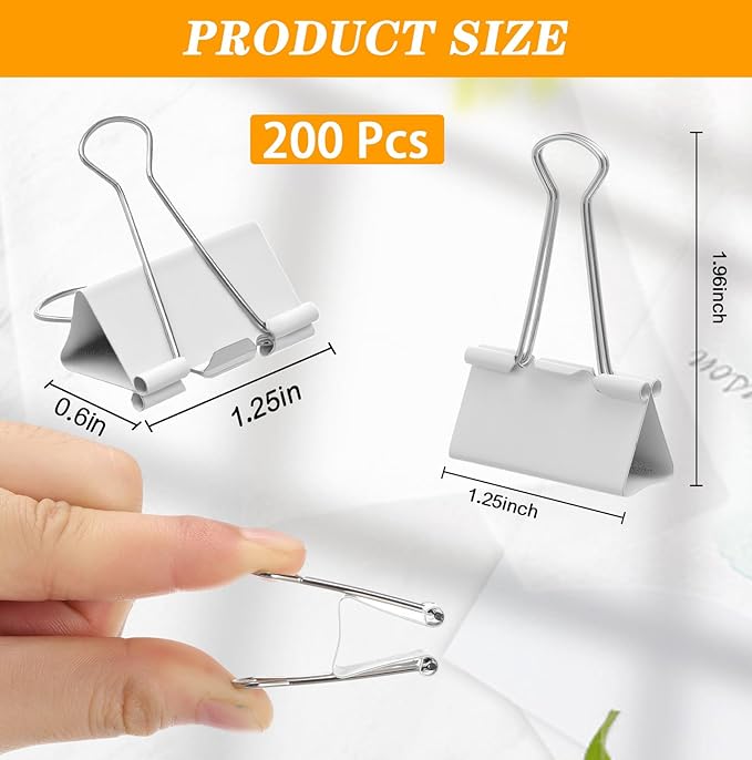 Jetec 200 Pcs 1.25in/32mm White Metal Binder Clips Bulk Medium Reusable Fold Back Binder Clips Paper Clamps Spring Steel Sturdy for Home School Office Supplies-DeskLoop Office