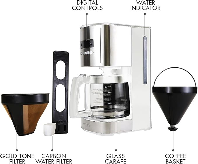 Kenmore drip Coffee Maker - 12 Cup programmable cafe machine with glass pot, regular & bold brew, auto shut off large water reservoir, reusable filter, kitchen appliances for cafeteria barista, White-DeskLoop Office