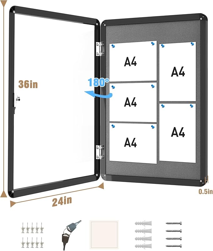 36"x24" Enclosed Bulletin Board, Lockable Weather-Resistant Aluminum Cork Noticeboard for School & Office, Black Frame w/Grey Flet-DeskLoop Office