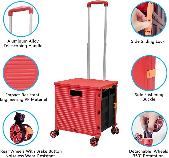 FELICON SELORSS Foldable Utility Cart Folding Portable Rolling Crate-Red | - Image 2