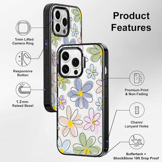 MOSNOVO Magnetic Case for iPhone 14 Pro Max, 10ft Military-Grade Protection, Compatible with Magsafe, Shockproof Phone Case for iPhone 14 Pro Max - Linear Blooms - Clear Black-DeskLoop Office
