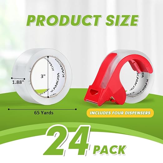 KAMOTA Packing Tape, 24 Rolls Heavy Duty Clear Packaging Tape for Shipping Packaging Moving Sealing, 1.88 inches Wide, 65 Yards Per Roll, Total 1560 Yards with 4 Dispensers-DeskLoop Office