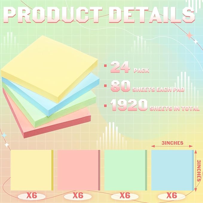 Thenshop 24 Sets Full Adhesive Sticky Notes 3x3 Inches Sticky Notes Adhesive Memo Self-Stick Pads Back to School Supplies Easy to Post for Teacher Coworkers Office 80 Sheets/pad(Colorful,Unlined)-DeskLoop Office