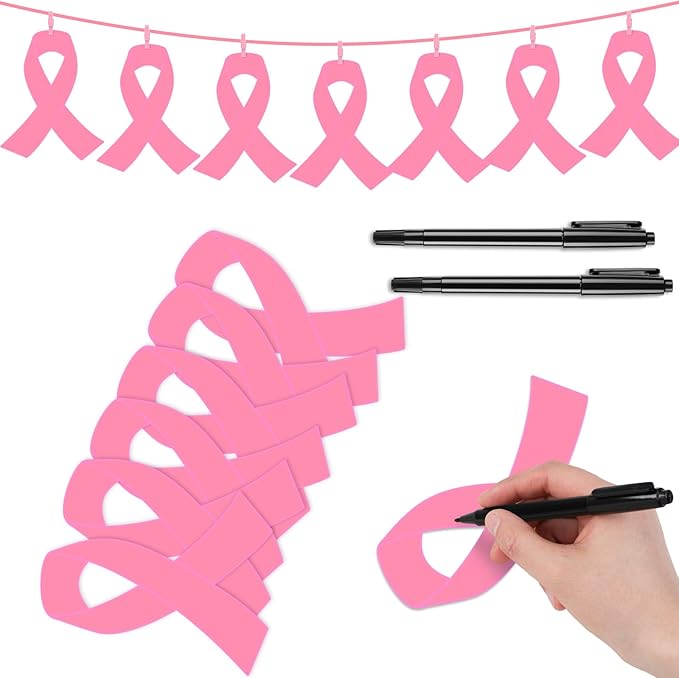 Kosiz 100 Pack Large Pink Ribbon Set 100 Breast Cancer Awareness Cutouts 2 Marker Pens 100 Wooden Clips with Rope Pink Ribbon Breast Cancer Awareness Items for Women Charity Support Supplies-DeskLoop Office