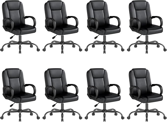 ZZH Executive Office Chair, Leather Desk Computer Chair with Armrests, Mid-Back Swivel Adjustable for Home Office, 8PC, Black-DeskLoop Office