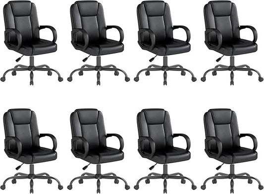 ZZH Executive Office Chair, Leather Desk Computer Chair with Armrests, Mid-Back Swivel Adjustable for Home Office, 8PC, Black-DeskLoop Office
