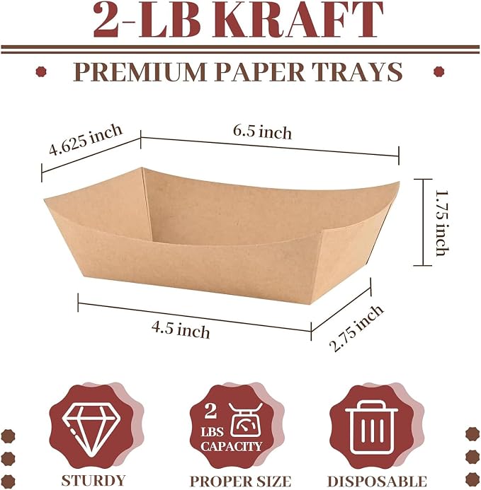 Ocmoiy 2lb Paper Food Trays, 100 Pack Heavy Duty Kraft Food Boats Holders - Image 2