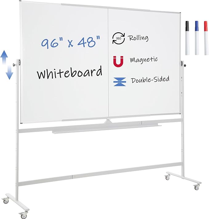 FORTUNO Large Magnetic Mobile Whiteboard 96"x48", Rolling Double Sided Stand Whiteboard on Wheels, Reversible Adjustable Height/Angle Dry Erase Board 8' x 4' Easel White Board for Office Classroom-DeskLoop Office