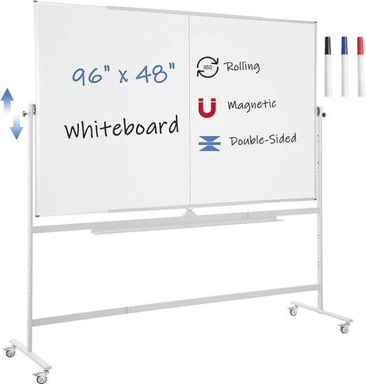 FORTUNO Large Magnetic Mobile Whiteboard 96"x48", Rolling Double Sided Stand Whiteboard on Wheels, Reversible Adjustable Height/Angle Dry Erase Board 8' x 4' Easel White Board for Office Classroom-DeskLoop Office