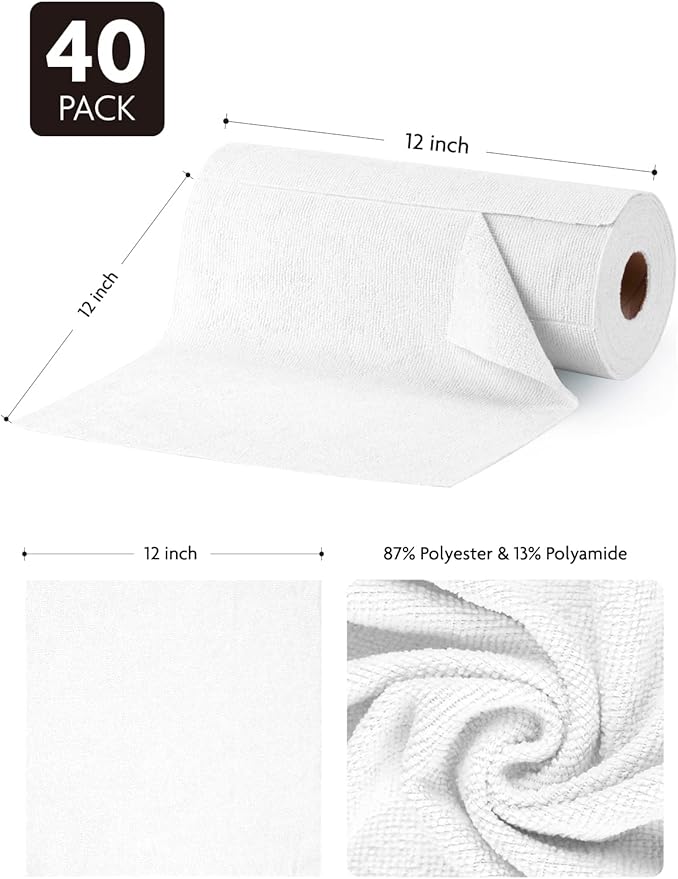 Fantasticlean Microfiber Cleaning Cloth Roll -40 Pack, Tear Away Microfiber Towels, 12" x 12", Reusable, Washable, Scratch Free, Ultra Absorbent Dish Rags for Car, Home, Garage or Shop (White)-DeskLoop Office