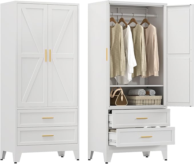 Farmhouse Wardrobe Cabinet with 2 Drawers,Metal Wardrobe Closet with Hanging Rod,Metal Armoire with Adjustable Shelves for Bedroom,Living Room, Cloak Room,Office (White)-DeskLoop Office