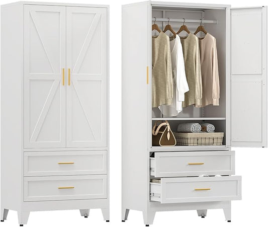 Farmhouse Wardrobe Cabinet with 2 Drawers,Metal Wardrobe Closet with Hanging Rod,Metal Armoire with Adjustable Shelves for Bedroom,Living Room, Cloak Room,Office (White)-DeskLoop Office