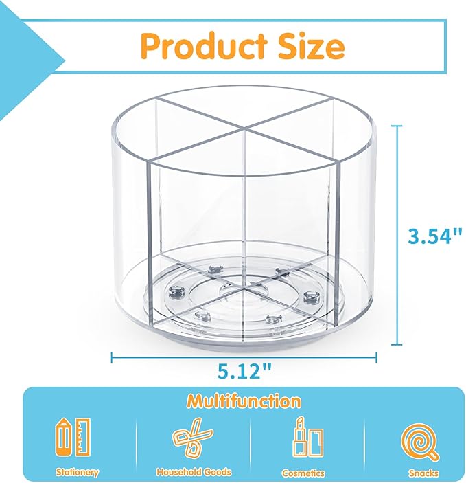 Acrylic Pen Holder, 360 Degree Marker Organizer for Desk, Rotating Desk Storage With 4 Compartments, Art Supply Crayon Holder for Office School Home, Clear-DeskLoop Office