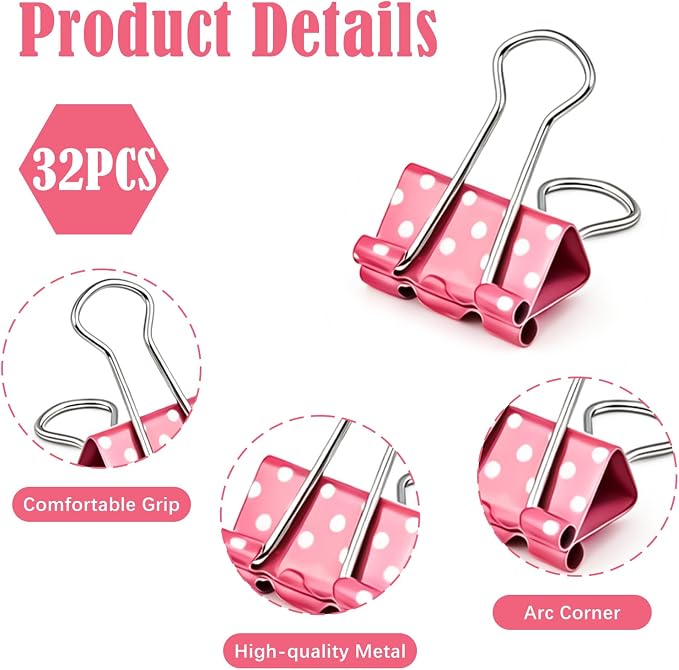 BAYTORY 32Pcs Polka Dot Binder Clips, 3/4 Inch Small Binder Clips, Colored - Image 3