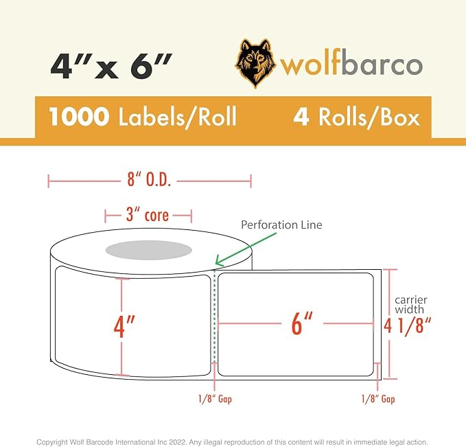 Direct Thermal (Heat Transfer) Paper Label/Industrial Grade 4"X 6" Yellow, with Perforation, 3" Core, 8" OD,1000 Pcs/Roll (4 Rolls per Box), Compatible with Zebra, Godex and Datamax Printers-DeskLoop Office