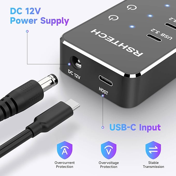 RSHTECH 10 Ports Powered USB 3.2/USB C Hub Splitter 60W with 3 x 10Gbps USB 3.2 Ports (2C + 1A),7 x USB 3.0 Ports (4C +3A), 3.3ft Cable and Individual Touch Switches for Laptop PC-DeskLoop Office