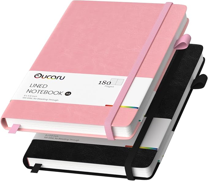 Oucaru Lined Journal Notebook, 2 Pack, 180 Pages, A5 Journals by Oucaru