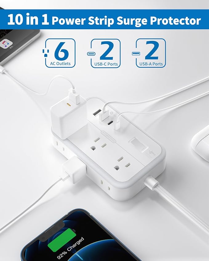 Flat Extension Cord 15 ft, NTONPOWER Surge Protector Power Strip with 6 Widely Outlets 4 USB Ports(2 USB C), Flat Plug, Wall Mounted, Side Outlet Extender for Indoor, Home Office, Dorm Room Essentials-DeskLoop Office
