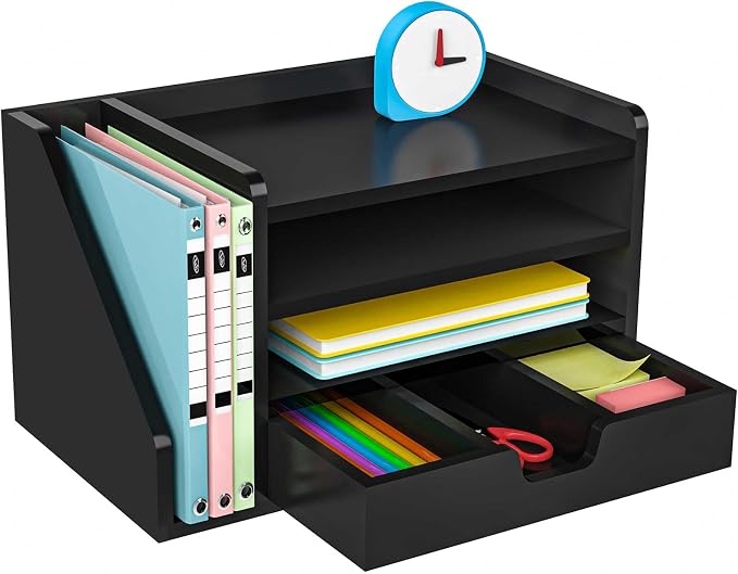 Multi-Tier Wood Desk File Organizer, 3 Tray Shelves & Adjustable Drawer by NiOffice