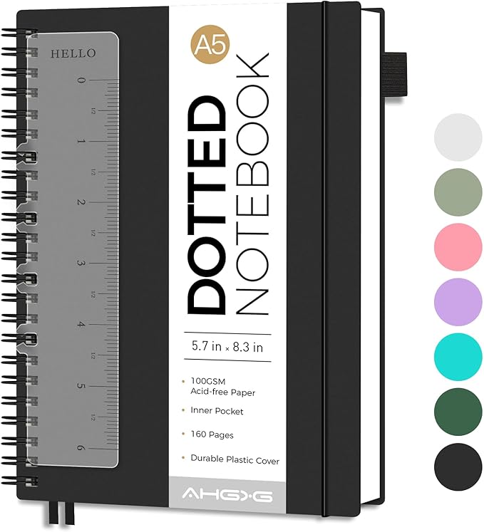 AHGXG Bullet Dotted Journal - Dot Grid Spiral Notebook A5, 160 Pages, 100 GSM Thick Paper, Waterproof Plastic Cover Journals for Bullet Journaling, Sketching, 5.7" x 8.3", Black-DeskLoop Office