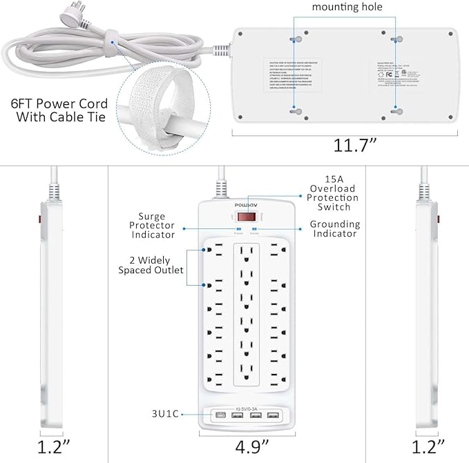 18 Outlets Surge Protector Power Strip - 6 Feet Flat Plug Heavy Duty Extension Cord with 18 Widely Outlets and 4 USB Ports, 2100 Joules, White, ETL Listed-DeskLoop Office