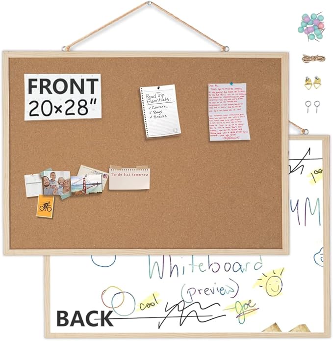 20” x 28” Cork Boards for Walls with Wooden Frame 1pack, Whiteboard and Cork Board Combo Double Sided Office Board for Wall Organizer, Bulletins Board Hanging Pin Board for School Home Office-DeskLoop Office