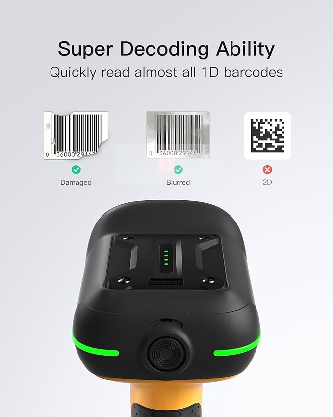 Inateck Industrial Barcode Scanner Bluetooth, 1D Scanner Wireless with IP67 Waterproof and Dustproof, Handscanner with App & SDK，BCST-61-DeskLoop Office