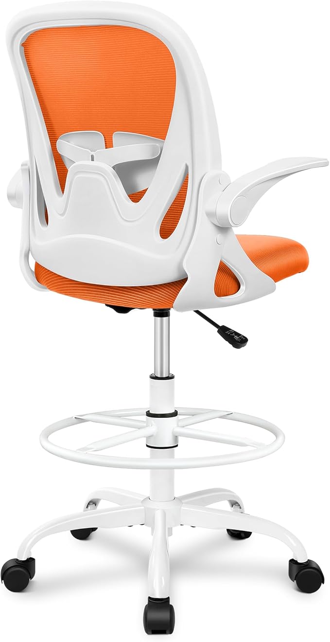 Primy Drafting Chair Tall Office Chair with Flip-up Armrests Executive Ergonomic Computer Standing Desk Chair with Lumbar Support and Adjustable Footrest Ring (Sunset Orange)-DeskLoop Office