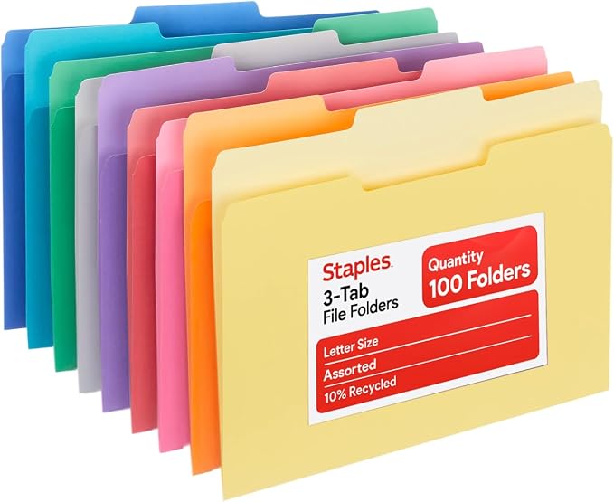 Staples File Folders, Letter Size, 1/3‑Cut Tabs, Durable 10.5‑Point Paper Stock by Staples