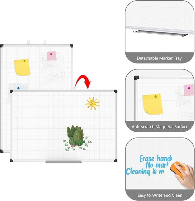 XBoard Magnetic Dry Erase Board with Lines 48 x 36 Inch, 4' x 3' Double Sided Hanging White Board Planner for Wall | Grid Lined White Board + Message Presentation Board-DeskLoop Office