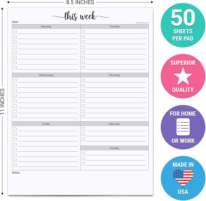 321Done Weekly Checklist Notepad, 8.5x11 Large Letter-Size Pad - Image 2