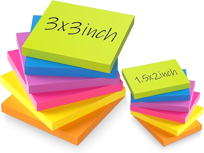 (12 Pack) Sticky Notes 3x3 + 1.5x2 in Small Sticky Note, Self-Sticky Note Pads | Sticks Strong & Removes Clean | Recycled Paper Cute Sticky Notes to School Supplies, Office Products, 6 Colors-DeskLoop Office