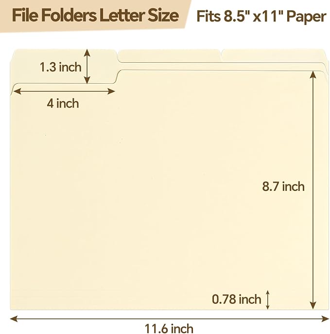 File Folders, 50 Pack Manilla Folders 8.5x11, 1/3 Cut Tabs Manila File Folders - Image 3