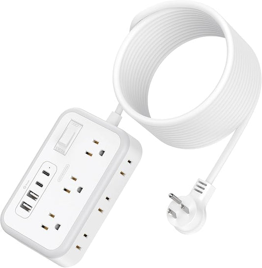 Flat Plug Extension Cord 25 ft, Surge Protector Power Strip, Outlet Extender with 6 Outlets 4 USB Ports, Overload Protection, Long Extension Cord with Multiple Outlets for Indoor, Home, Office, White-DeskLoop Office