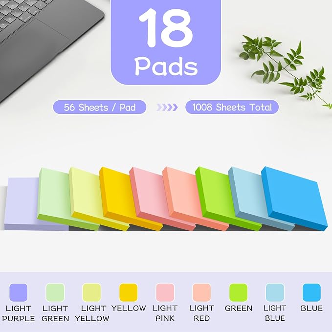 18-Pack Sticky Notes 3x3 Inch, 1008 Sheets Super Sticky Pastel Memo Pads - Image 2