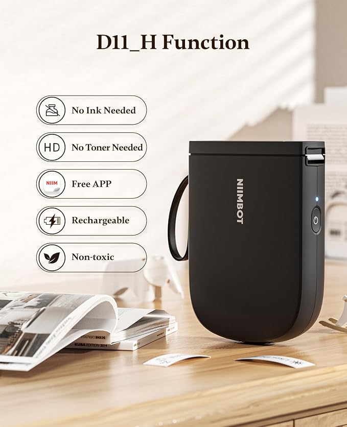 NIIMBOT Label Maker Bluetooth Mini Label Printer D11 2024 Version, Portable Label Maker with Tape Thermal Sticker Small Labeler, 300 DPI High Clearity Rechargeable, Black-DeskLoop Office