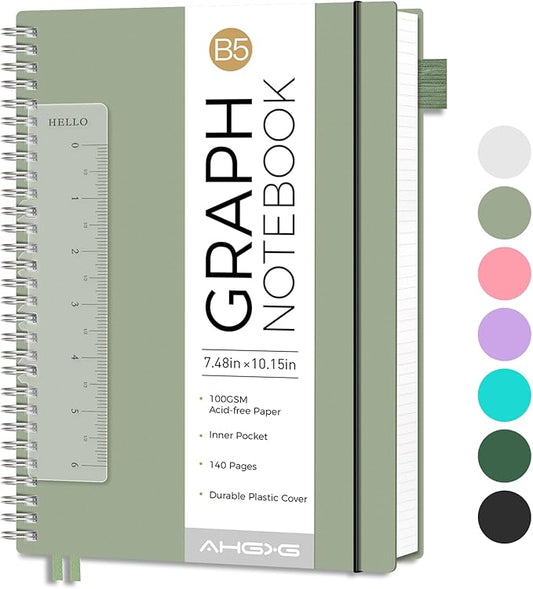 AHGXG Graph Paper Notebook - Spiral Notebook Journal 7.6" x 10", B5 Large Graph Notebook, 140 Pages, 100 gsm Thick Grid Paper, Waterproof Plastic Cover, for School Writing Engineering, Sage Green-DeskLoop Office