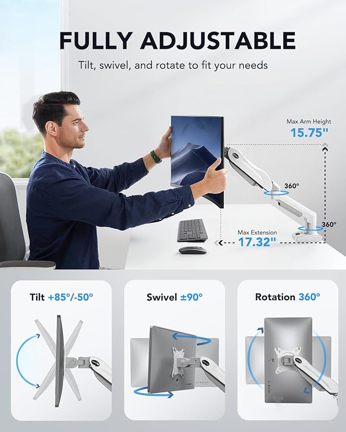 HUANUO Single Monitor Mount, 13 to 32 Inch Gas Spring Monitor Arm, Adjustable Stand, Vesa Mount with Clamp and Grommet Base - Fits 4.4 to 19.8lbs LCD Computer Monitors-DeskLoop Office
