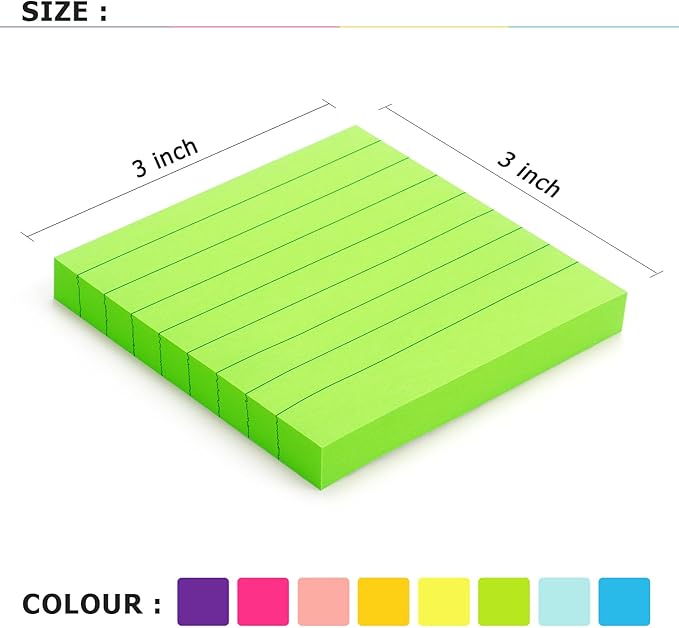 Eastern Wolf 8 Pads Lined Sticky Notes 3x3 Sticky Notes with Lines Self-Stick Note Pads 8 Bright Multi Colors, 85 Sheets/Pad-DeskLoop Office