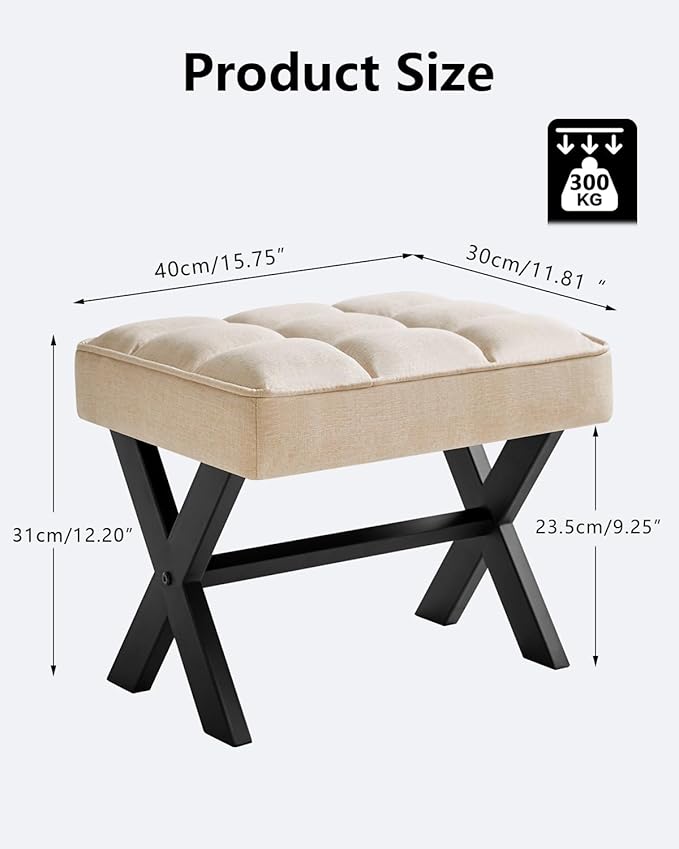 IBUYKE Small 12" H Footrest Stool, Square Linen Foot Stool with Metal X-Leg, Multi-Use as Small Side Table, Step Stool for Living Room, Bedroom, Entryway, Office, Linen WBD011Y-DeskLoop Office