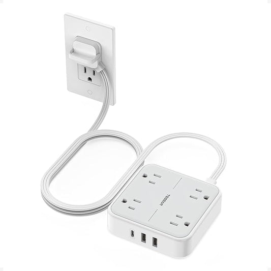 Flat Plug Extension Cord 5 Ft, TESSAN Surge Protector Power Strip Ring Pull with 3 USB (1 USB C) 4 Outlets, 900 Joules Protection, Desktop Charging Station for Home, Office, College, Dorm Room, Gray-DeskLoop Office