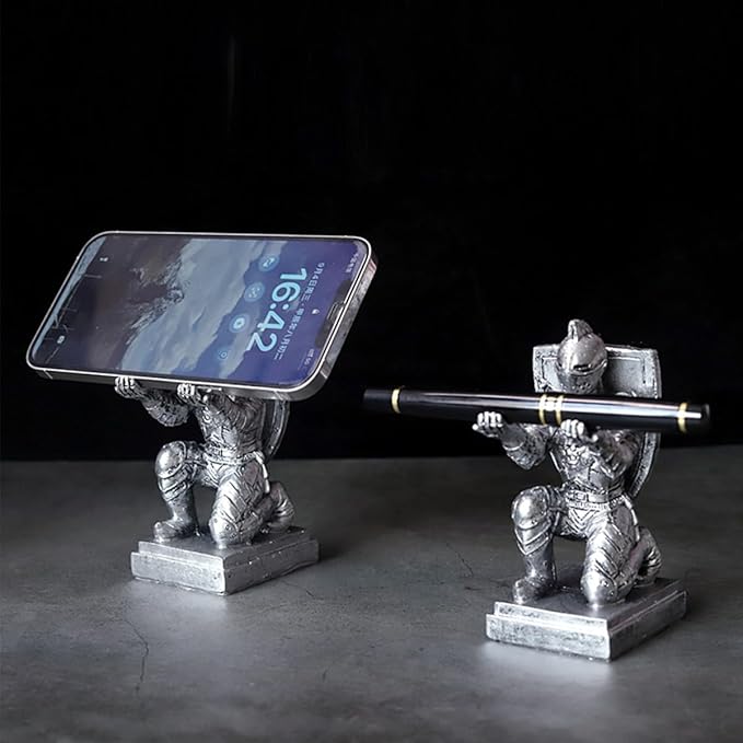 Resin Soldier Shield Knight Decor Statue Pen Holder Base for Desk, Desktop Organizer Pencil Stand Display for Office, School, Home, as Gift for Men Father-DeskLoop Office
