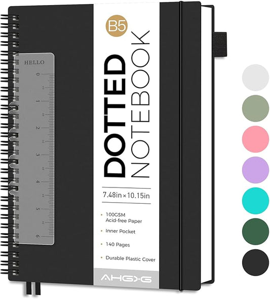 AHGXG Bullet Dotted Journal - Dot Grid Spiral Notebook B5, 140 Pages, 100 GSM Thick Paper, Waterproof Plastic Cover Journals for Bullet Journaling, Sketching, 7.6" x 10", Black-DeskLoop Office