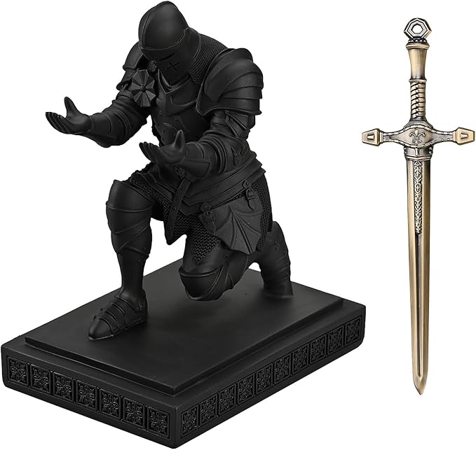 Medieval Armored Warrior Knight Pen Holder Desk Organizers and Accessories Resin Pencil Holder Paperweight as Gift with a Cool Letter Opener for Desk (Black)-DeskLoop Office