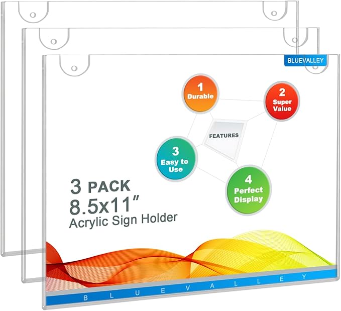 BlueValley 3 Pack Acrylic Wall Sign Holder 8.5x11 Horizontal by BlueValley