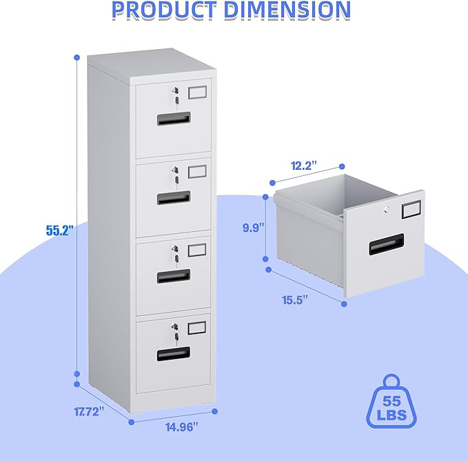 4 Drawer File Cabinet, Metal Vertical File Storage Cabinet with Lock, Office Home Steel Vertical File Cabinet for A4 Letter/Legal Size, 14.96" W x 17.72" D x 55.2" H, Assembly Required-DeskLoop Office