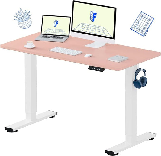 FLEXISPOT EN1 One-Piece Standing Desk, 48 x 24 Inches Electric Height Adjustable Desk for Home Office (White Frame + Pink Desktop)-DeskLoop Office