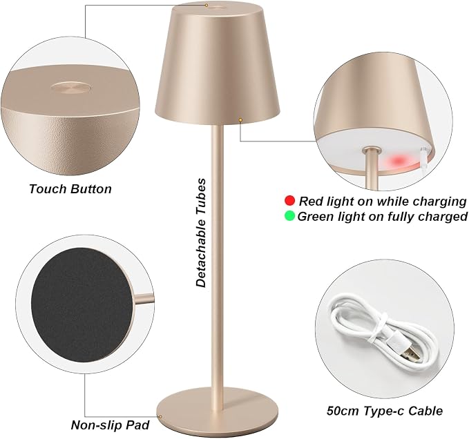 Kakanuo Champagne Gold Cordless Table Lamp Rechargeable - Image 6