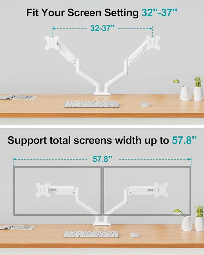 Dual Monitor Desk Mount - Adjustable Monitor Arm for 2 Monitors up to 32 inches/19.8 lbs, Double Monitor Stand VESA Bracket with C-Clamp & Grommet Mounting, Computer Screen Mount, White, Freelift-DeskLoop Office