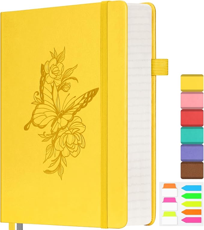 Lined Notebook Journal for Women, 312 Numbered Pages A5 Thick Leather Journal, 100gsm Paper Daily Journal for Work Travel, Hardcover College Ruled Notebook, Giftable Butterfly Floral Notebook, Yellow-DeskLoop Office